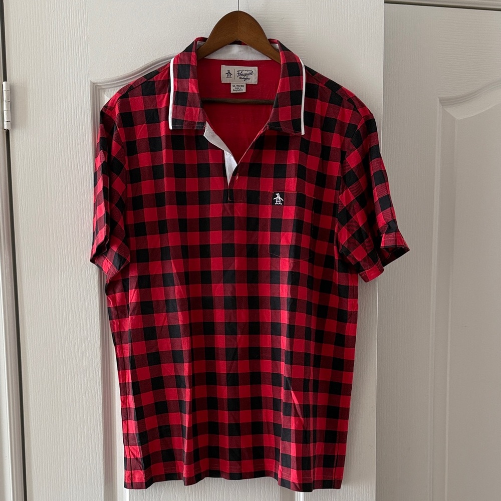 Original Penguin Red and Black Plaid Polo Shirt